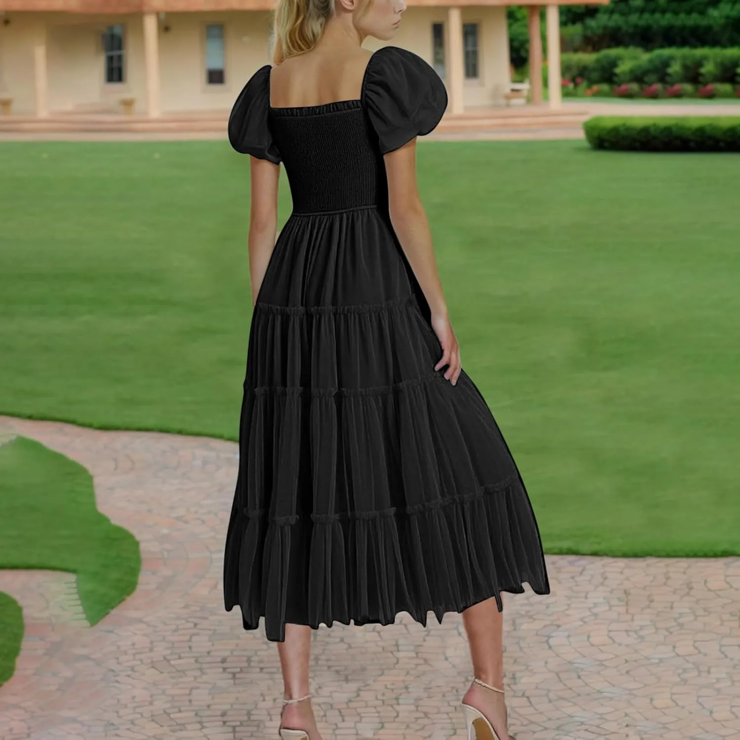 Smocked Midi Tulle Dresses for Women Puff Short Sleeve Square Neck High Waist Flowy Pleated Tiered a Line Party Dress