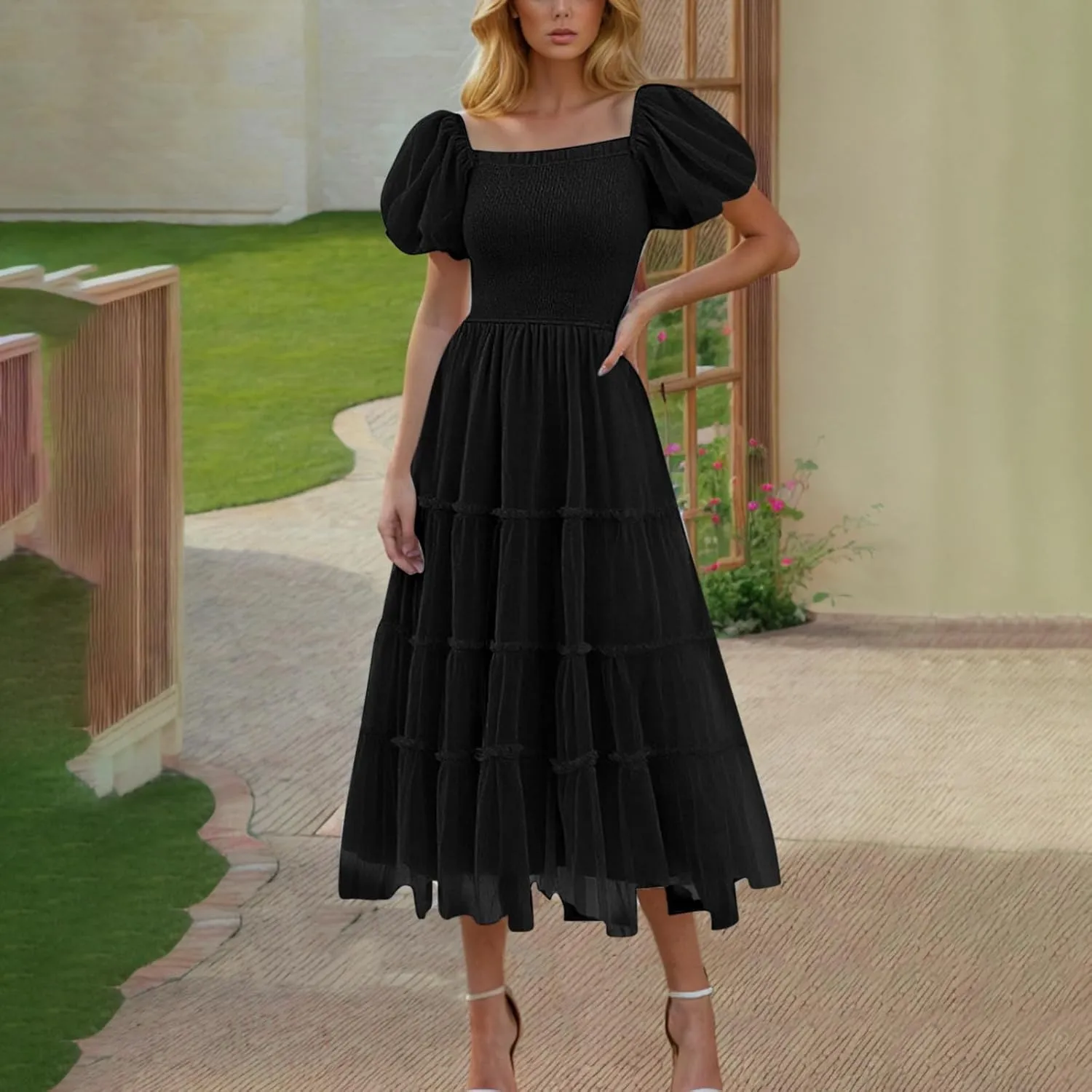 Smocked Midi Tulle Dresses for Women Puff Short Sleeve Square Neck High Waist Flowy Pleated Tiered a Line Party Dress