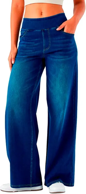 Stretch Wide Leg Jeans for Women High Waisted Elastic Waisted Pants Fashion Casual Comfort Denim Jeans with Pockets