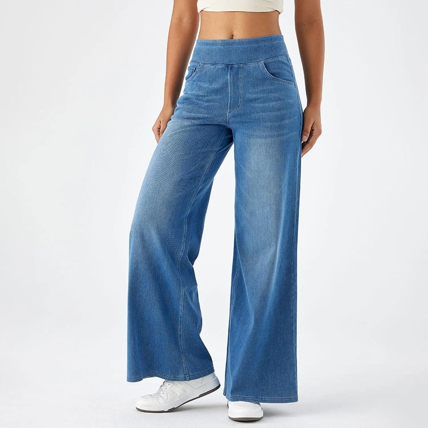 Stretch Wide Leg Jeans for Women High Waisted Elastic Waisted Pants Fashion Casual Comfort Denim Jeans with Pockets