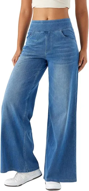 Stretch Wide Leg Jeans for Women High Waisted Elastic Waisted Pants Fashion Casual Comfort Denim Jeans with Pockets