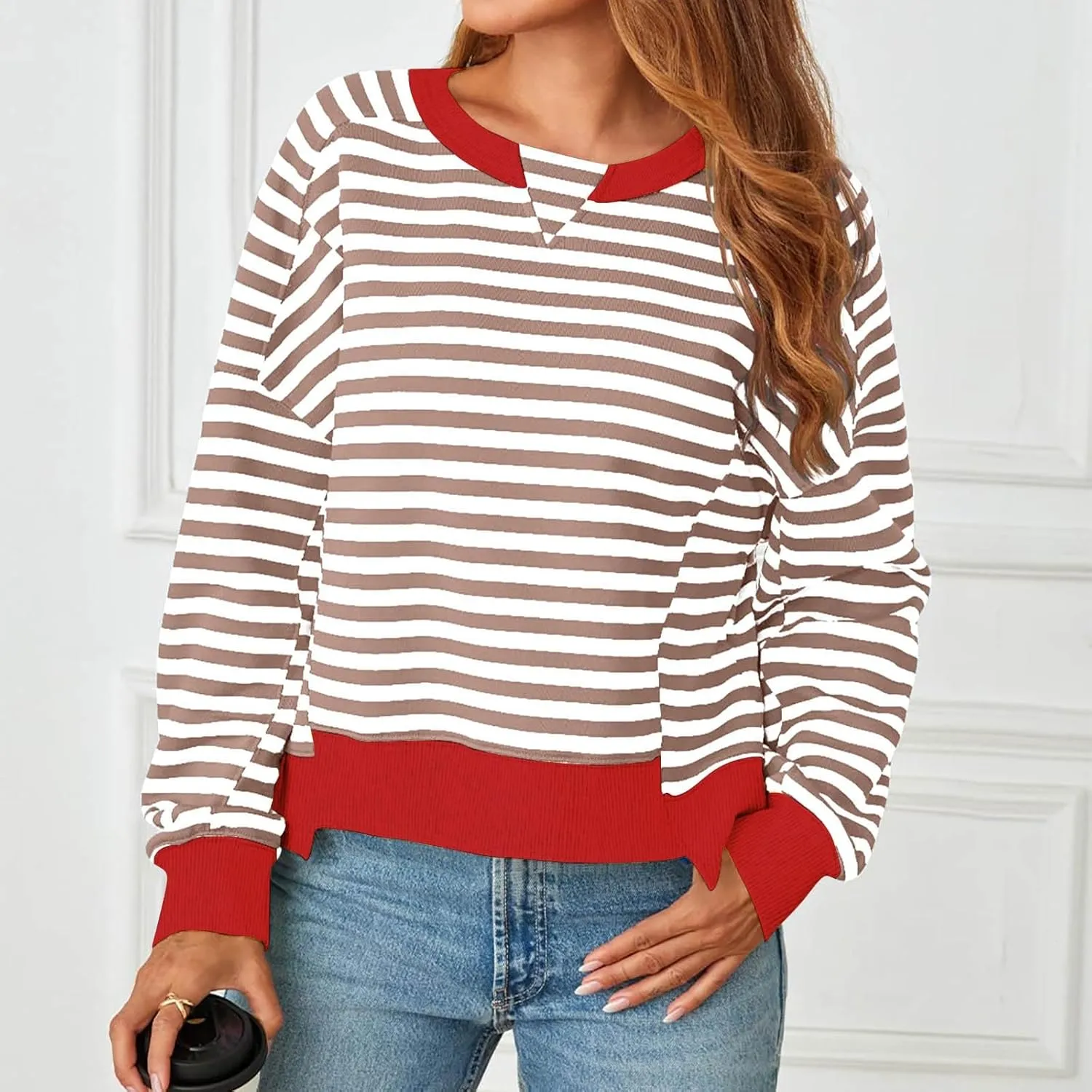 Striped Color Block Cropped Sweatshirts for Women 2025 Fall Oversized Crewneck Long Sleeve Sweater Y2K Shirt Tops
