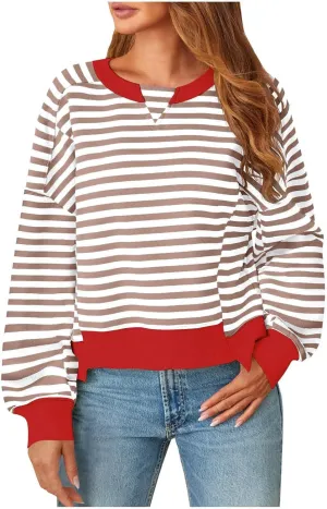 Striped Color Block Cropped Sweatshirts for Women 2025 Fall Oversized Crewneck Long Sleeve Sweater Y2K Shirt Tops