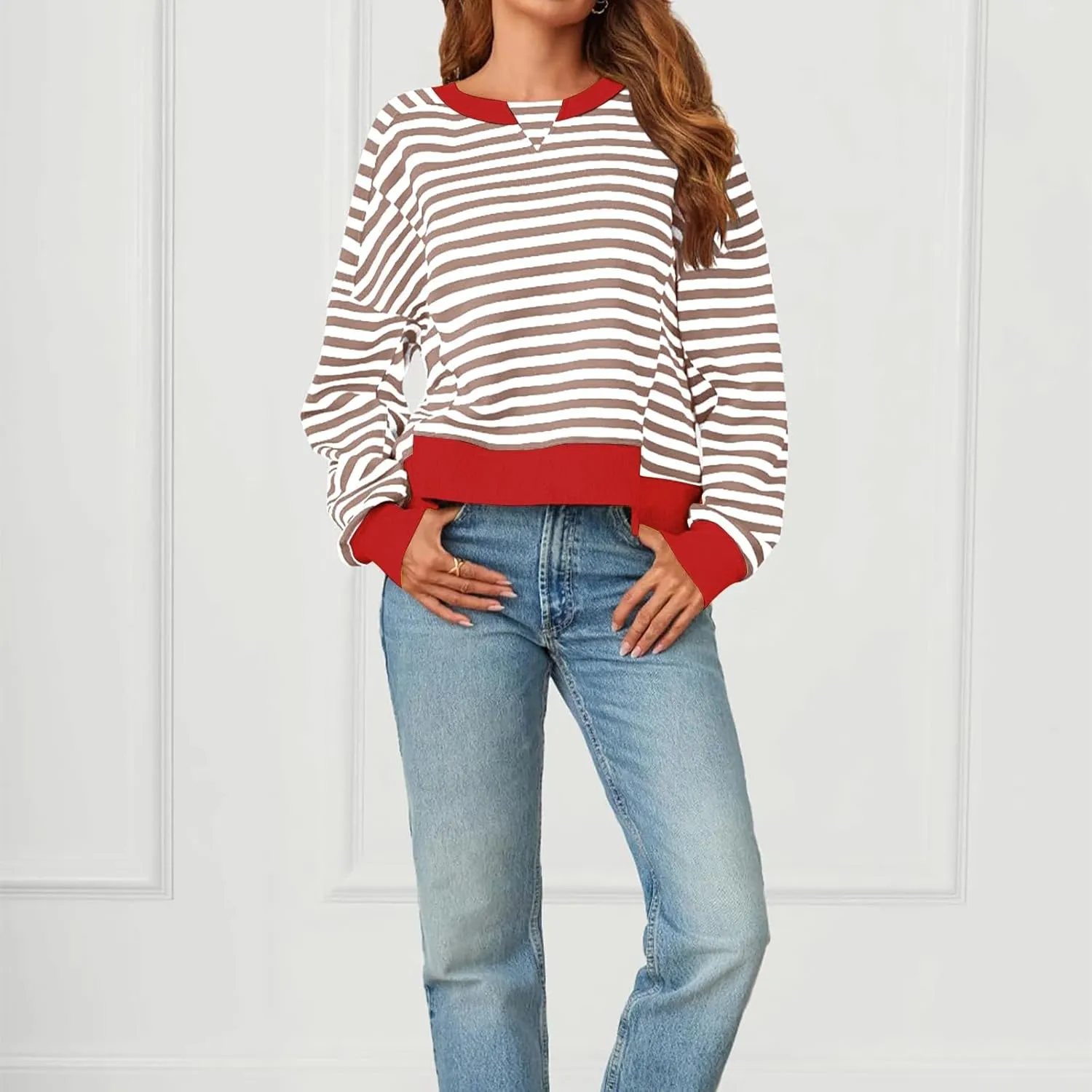 Striped Color Block Cropped Sweatshirts for Women 2025 Fall Oversized Crewneck Long Sleeve Sweater Y2K Shirt Tops
