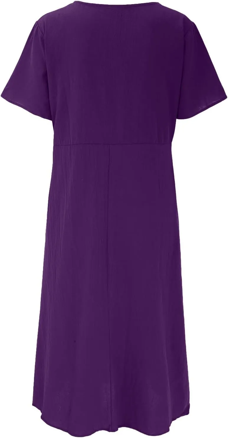 Summer Cotton Linen Dresses for Women Short Sleeve Square Neck Midi Sundresses for Women 2025 Swing Party Short Dresses