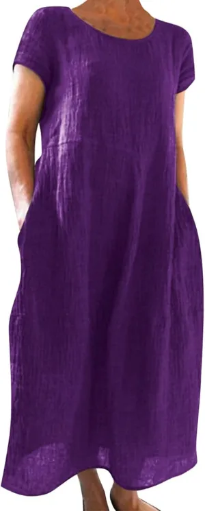 Summer Cotton Linen Dresses for Women Short Sleeve Square Neck Midi Sundresses for Women 2025 Swing Party Short Dresses