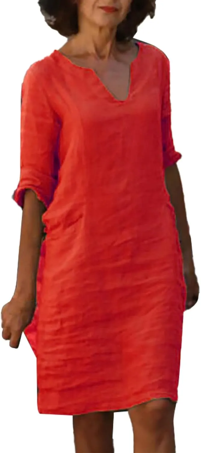 Summer Cotton Linen Short Sleeve Dresses for Women V Neck Spring Skirt Travel Vacation Outfits Church Work Dresses
