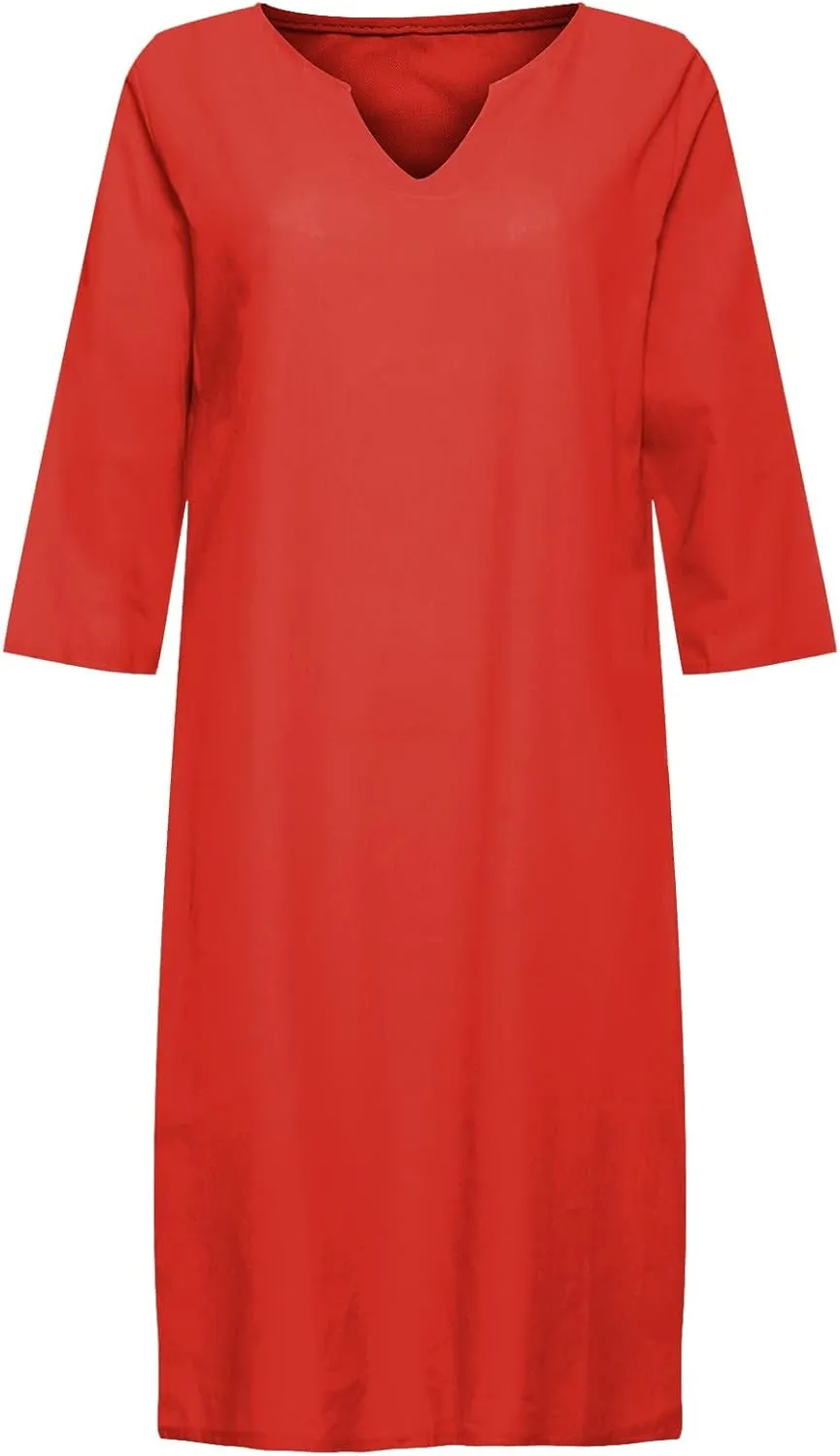 Summer Cotton Linen Short Sleeve Dresses for Women V Neck Spring Skirt Travel Vacation Outfits Church Work Dresses