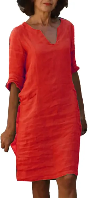 Summer Cotton Linen Short Sleeve Dresses for Women V Neck Spring Skirt Travel Vacation Outfits Church Work Dresses