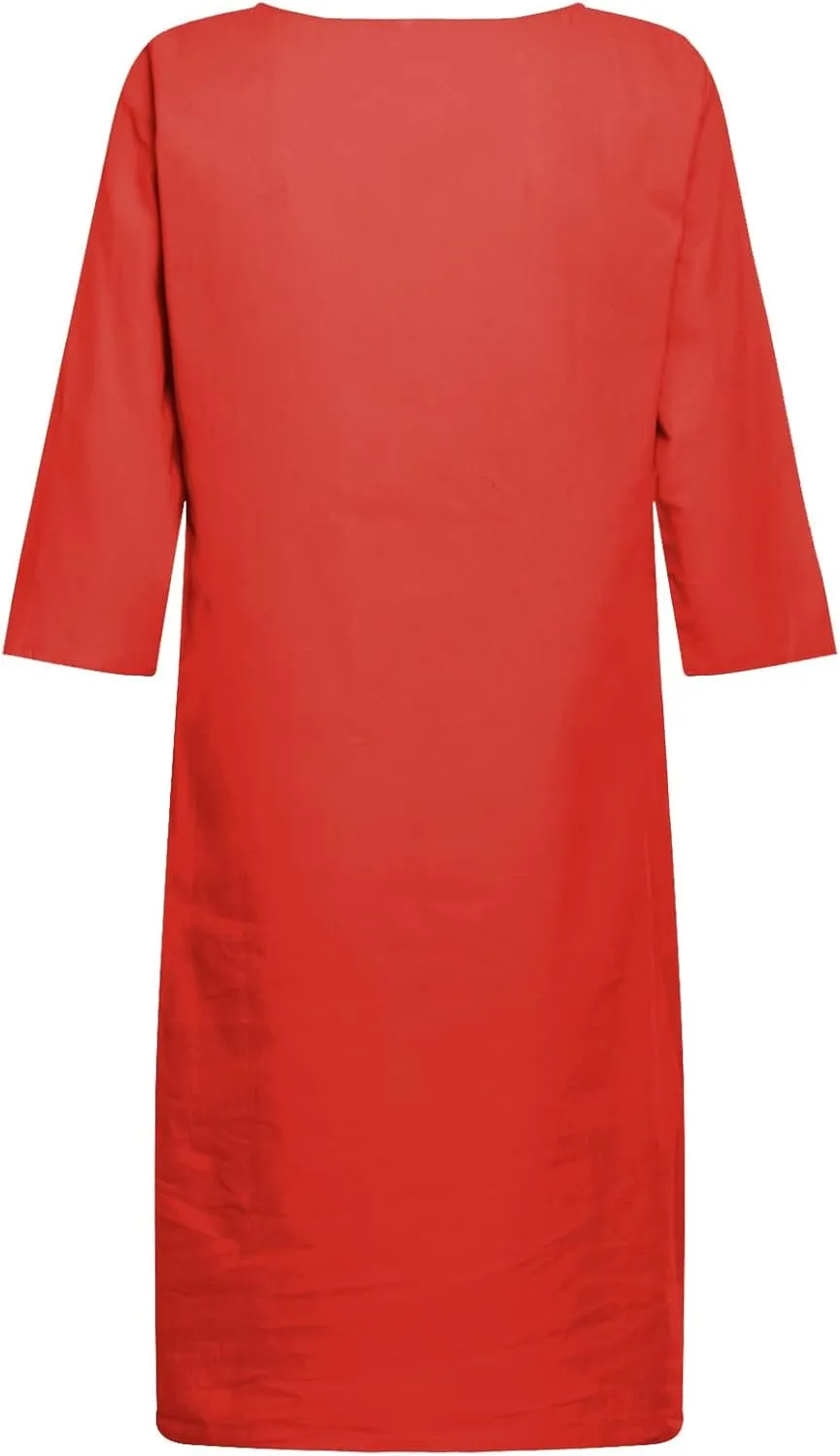 Summer Cotton Linen Short Sleeve Dresses for Women V Neck Spring Skirt Travel Vacation Outfits Church Work Dresses