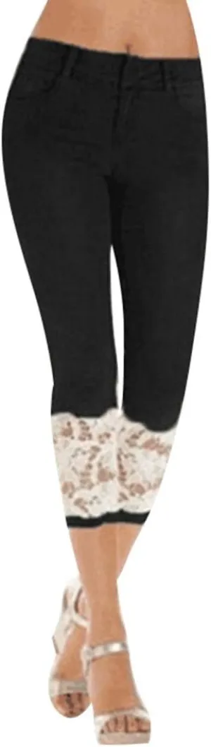 Summer Cropped Jeans for Women 2024, High Waist Stretchy Lace Trim Skinny Capri Jeans Butt Lifting Slim Denim Pants