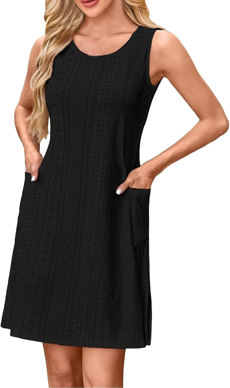 Summer Dresses for Women 2025 Eyelet Casual Loose Sleeveless Sun Dresses with Pockets Swimsuit Coverup for Women