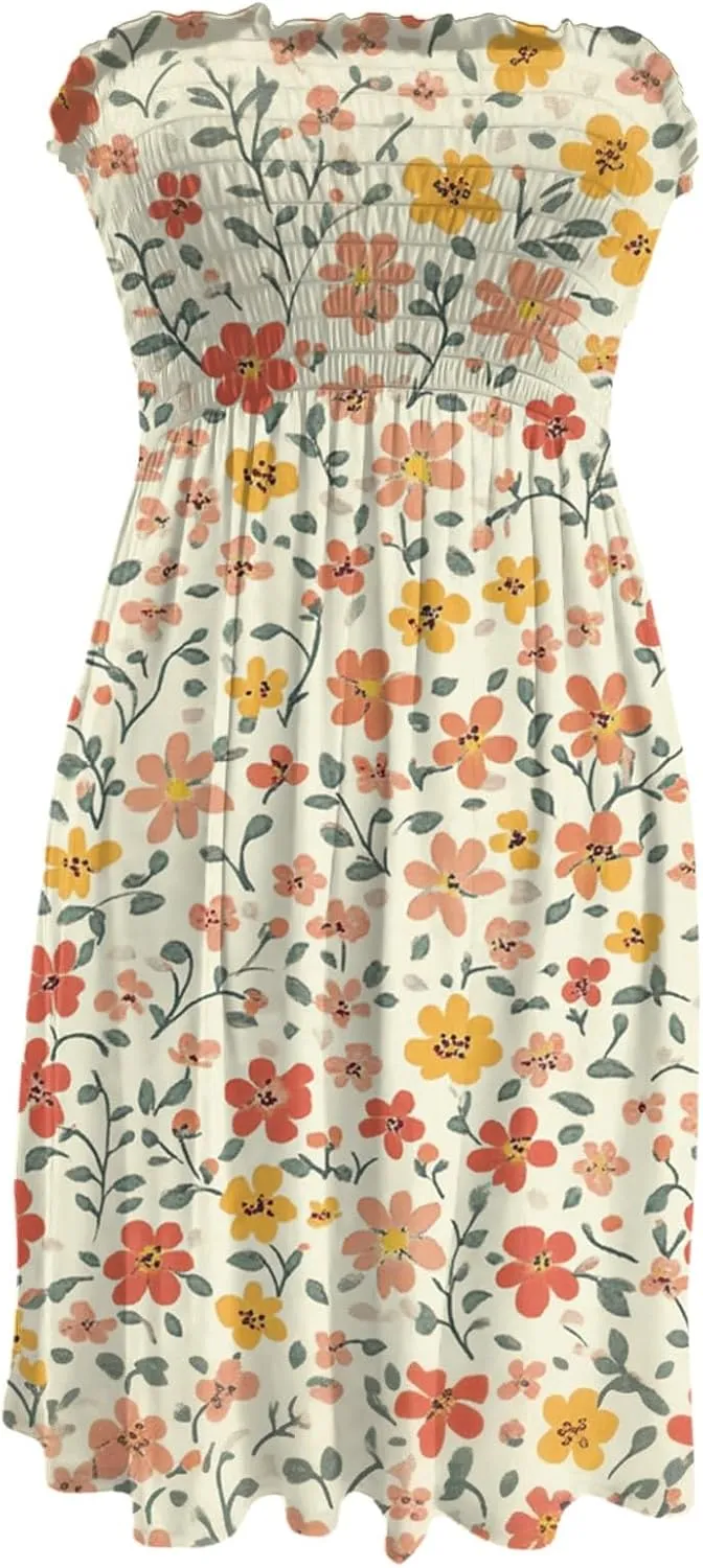 Summer Dresses for Women 2025 Strapless Floral Tube Dress Off shouldes Mini Boho Sundress Smocked Ruffle Sun Dress