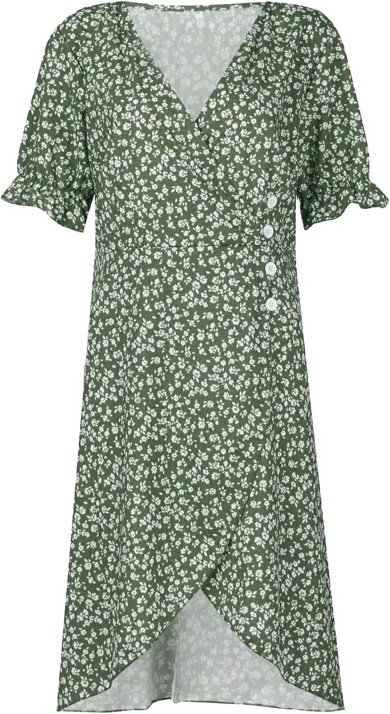 Summer Dresses for Women 2025 V Neck Wrap Midi Dress Puff Sleeve Side Button Up Ditsy Floral Dress