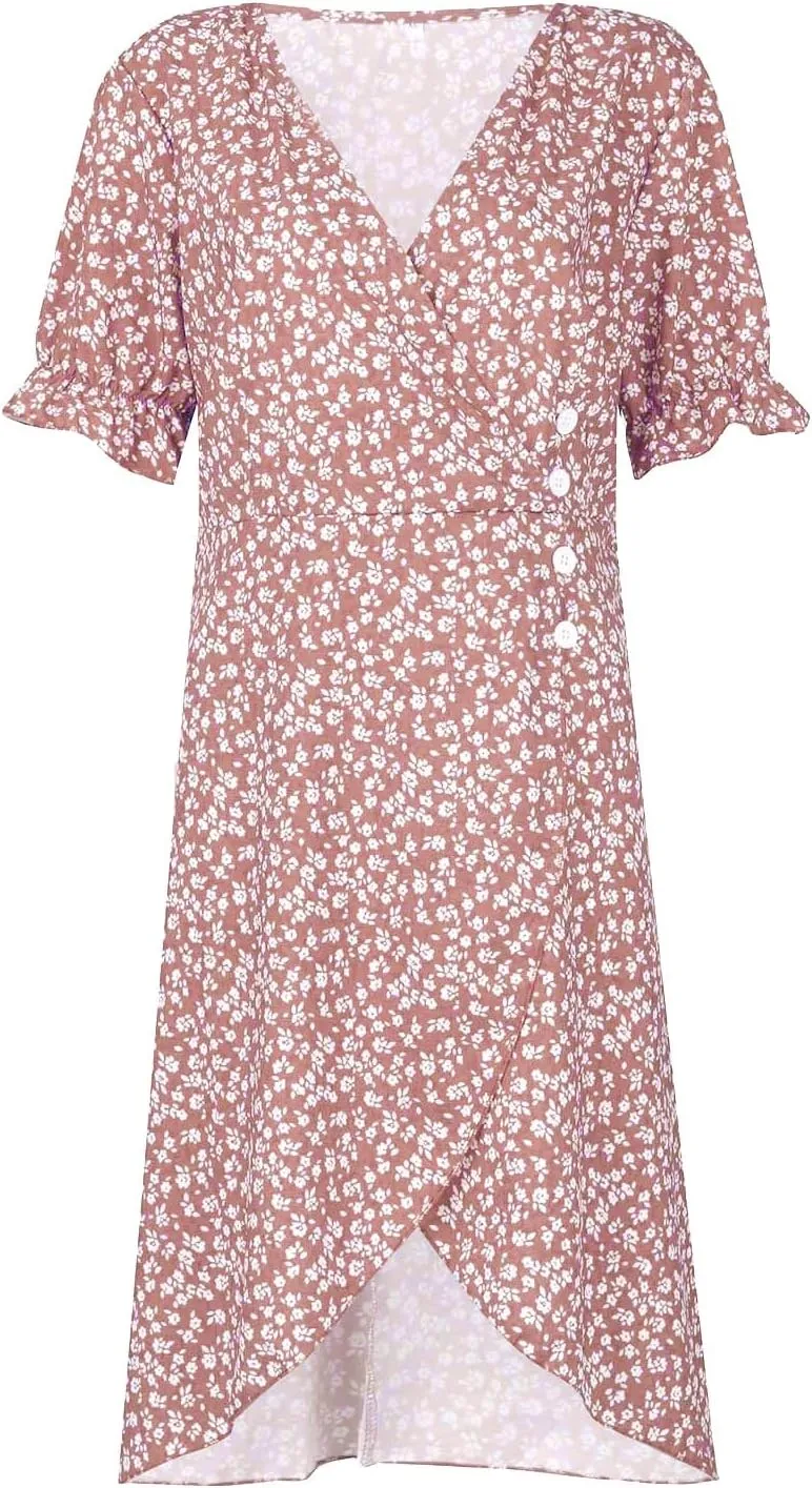 Summer Dresses for Women 2025 V Neck Wrap Midi Dress Puff Sleeve Side Button Up Ditsy Floral Dress