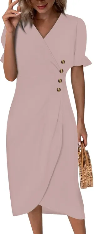 Summer Dresses for Women 2025 V Neck Wrap Midi Dress Puff Sleeve Side Button Up Ditsy Floral Dress