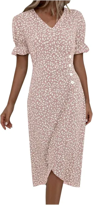Summer Dresses for Women 2025 V Neck Wrap Midi Dress Puff Sleeve Side Button Up Ditsy Floral Dress