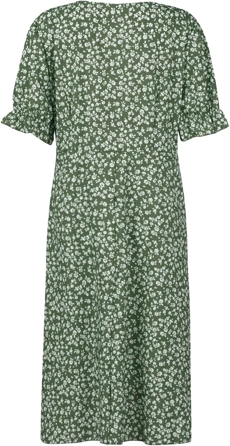 Summer Dresses for Women 2025 V Neck Wrap Midi Dress Puff Sleeve Side Button Up Ditsy Floral Dress