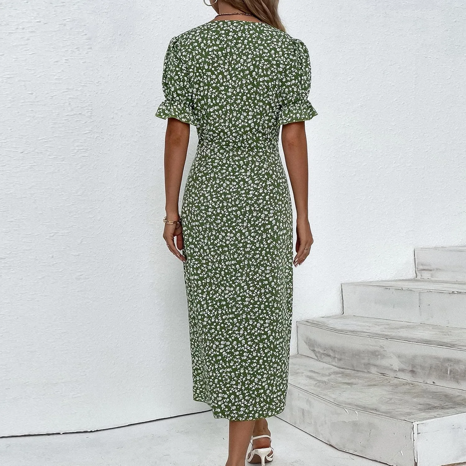 Summer Dresses for Women 2025 V Neck Wrap Midi Dress Puff Sleeve Side Button Up Ditsy Floral Dress