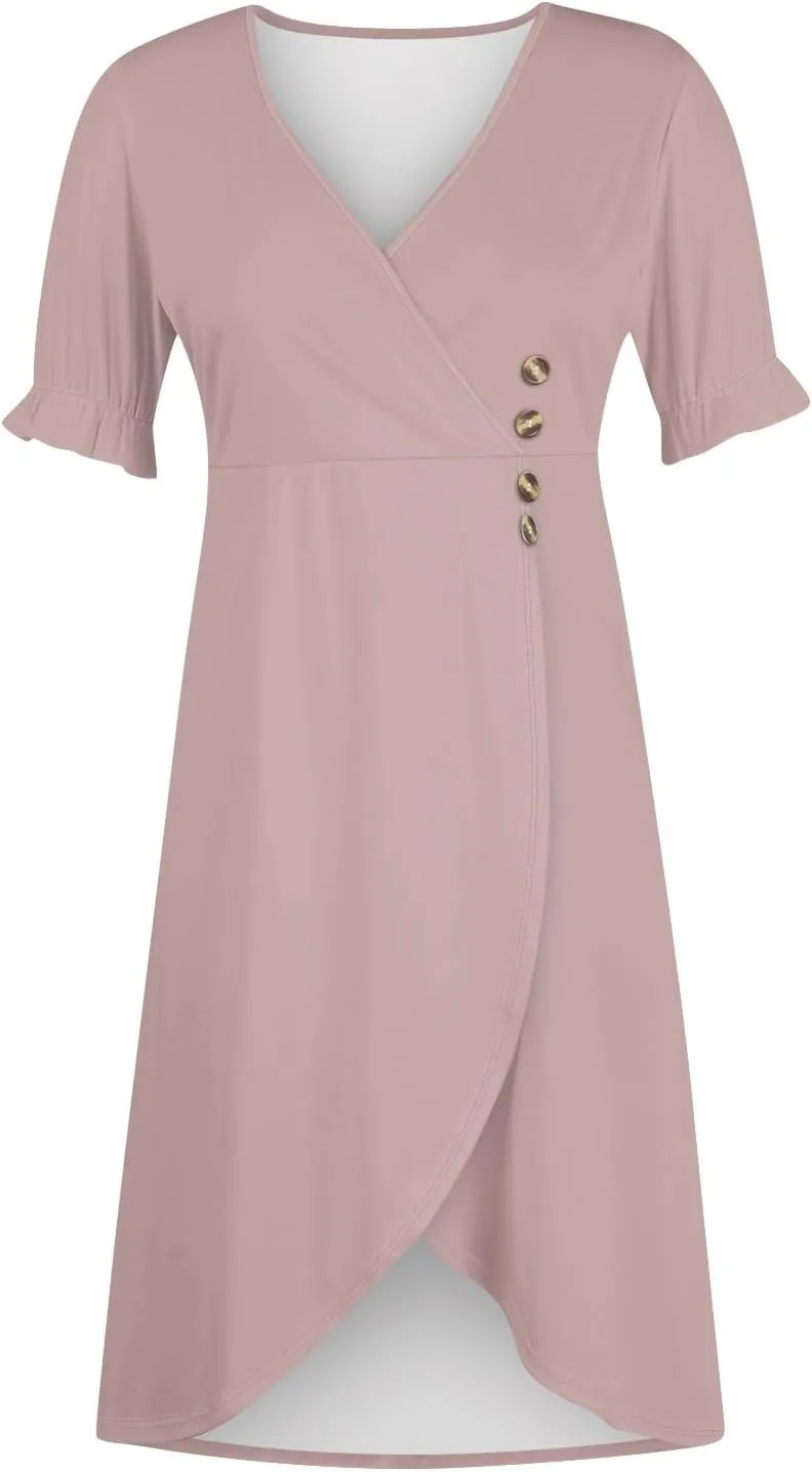 Summer Dresses for Women 2025 V Neck Wrap Midi Dress Puff Sleeve Side Button Up Ditsy Floral Dress