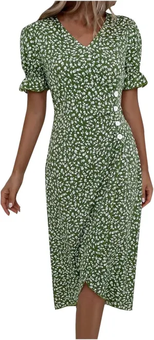 Summer Dresses for Women 2025 V Neck Wrap Midi Dress Puff Sleeve Side Button Up Ditsy Floral Dress