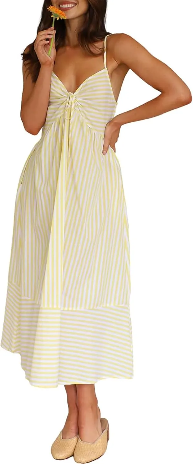 Summer Dresses for Women Boho Spagetti Strap Striped Beach Dress Casual Backless Flowy Maxi Dress Long Sun Dresses