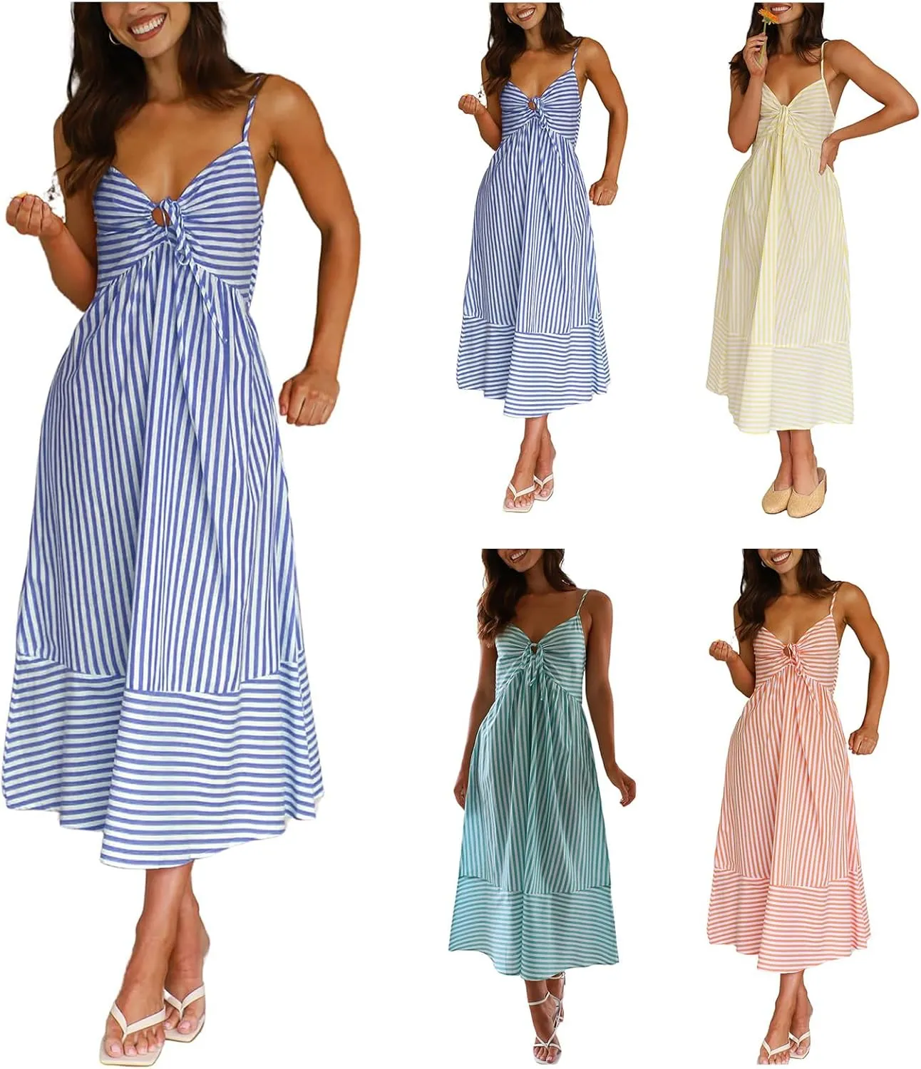 Summer Dresses for Women Boho Spagetti Strap Striped Beach Dress Casual Backless Flowy Maxi Dress Long Sun Dresses