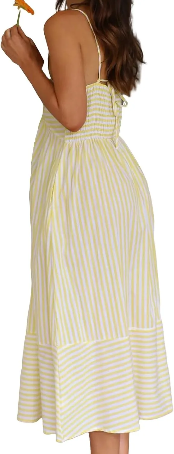 Summer Dresses for Women Boho Spagetti Strap Striped Beach Dress Casual Backless Flowy Maxi Dress Long Sun Dresses
