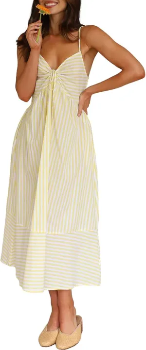 Summer Dresses for Women Boho Spagetti Strap Striped Beach Dress Casual Backless Flowy Maxi Dress Long Sun Dresses