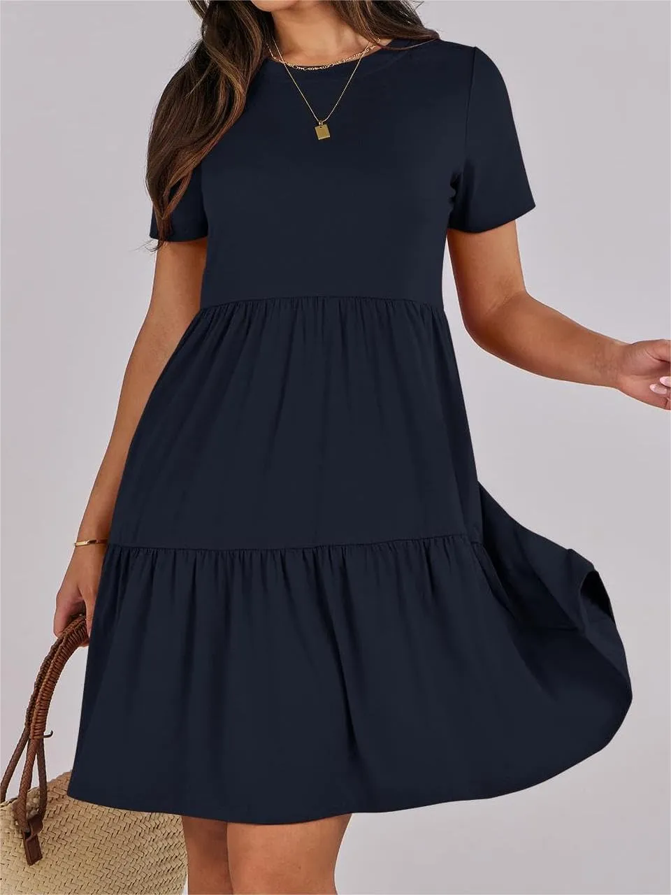Summer Dresses for Women Short Sleeve Crew Neck Ruffle Tiered Midi Dresses Loose Fit Solid Color Sundress 2025
