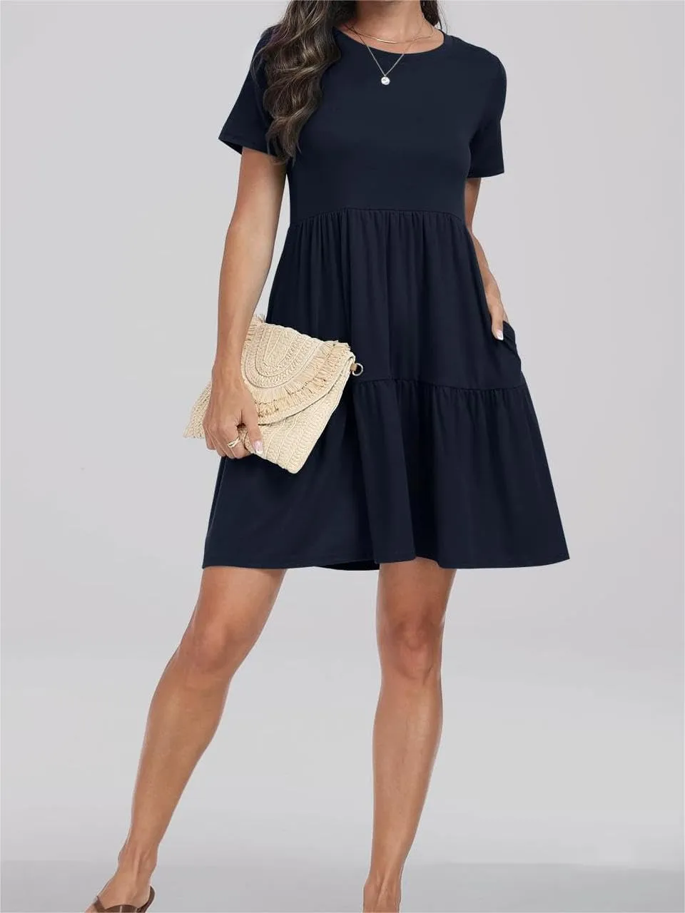 Summer Dresses for Women Short Sleeve Crew Neck Ruffle Tiered Midi Dresses Loose Fit Solid Color Sundress 2025