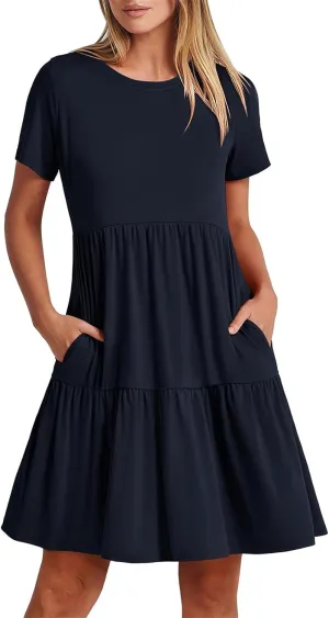 Summer Dresses for Women Short Sleeve Crew Neck Ruffle Tiered Midi Dresses Loose Fit Solid Color Sundress 2025