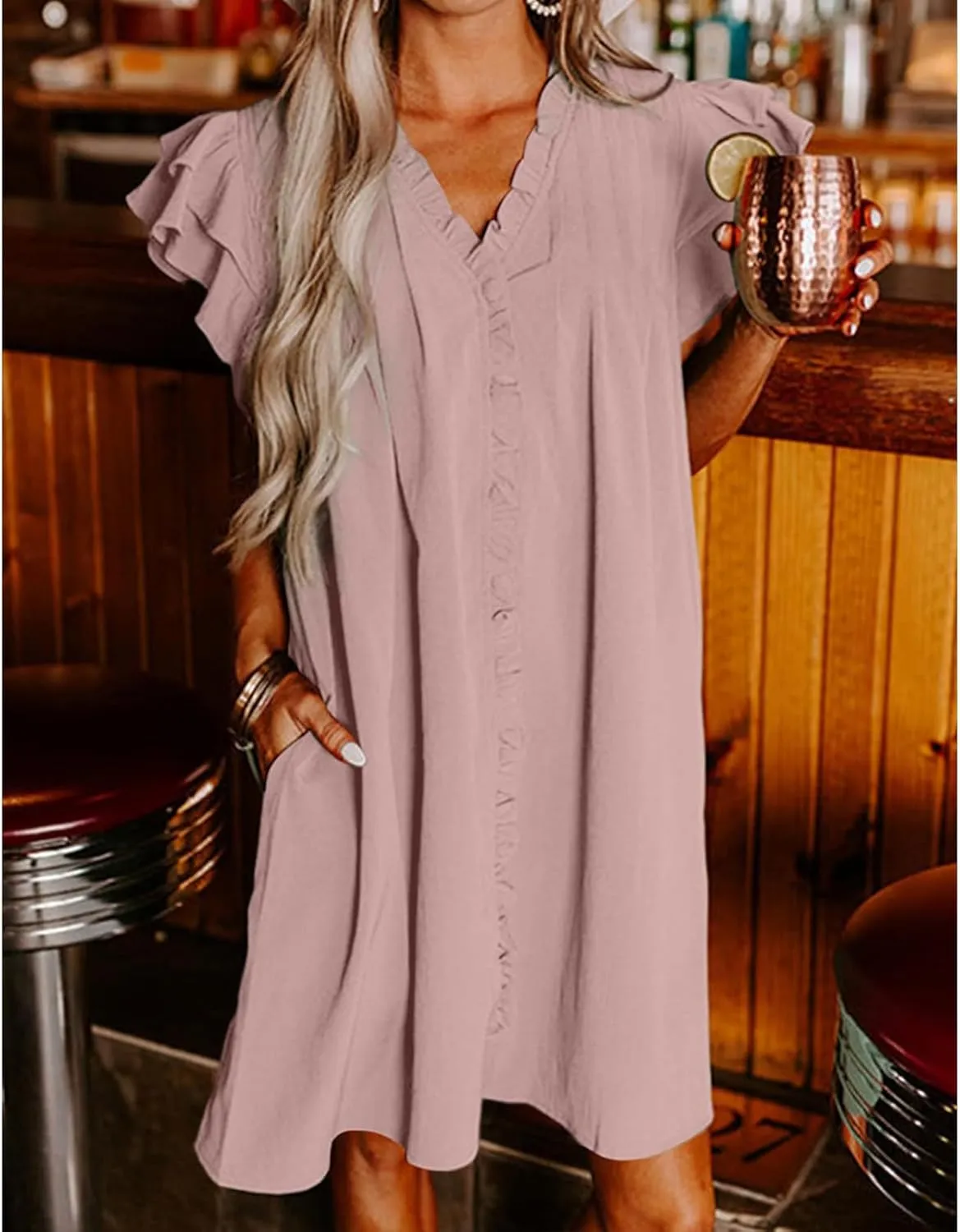 Summer Dresses for Women V Neck Ruffle Short Sleeve Casual Shift Dress Solid Color Straight Loose Fashion Dresses