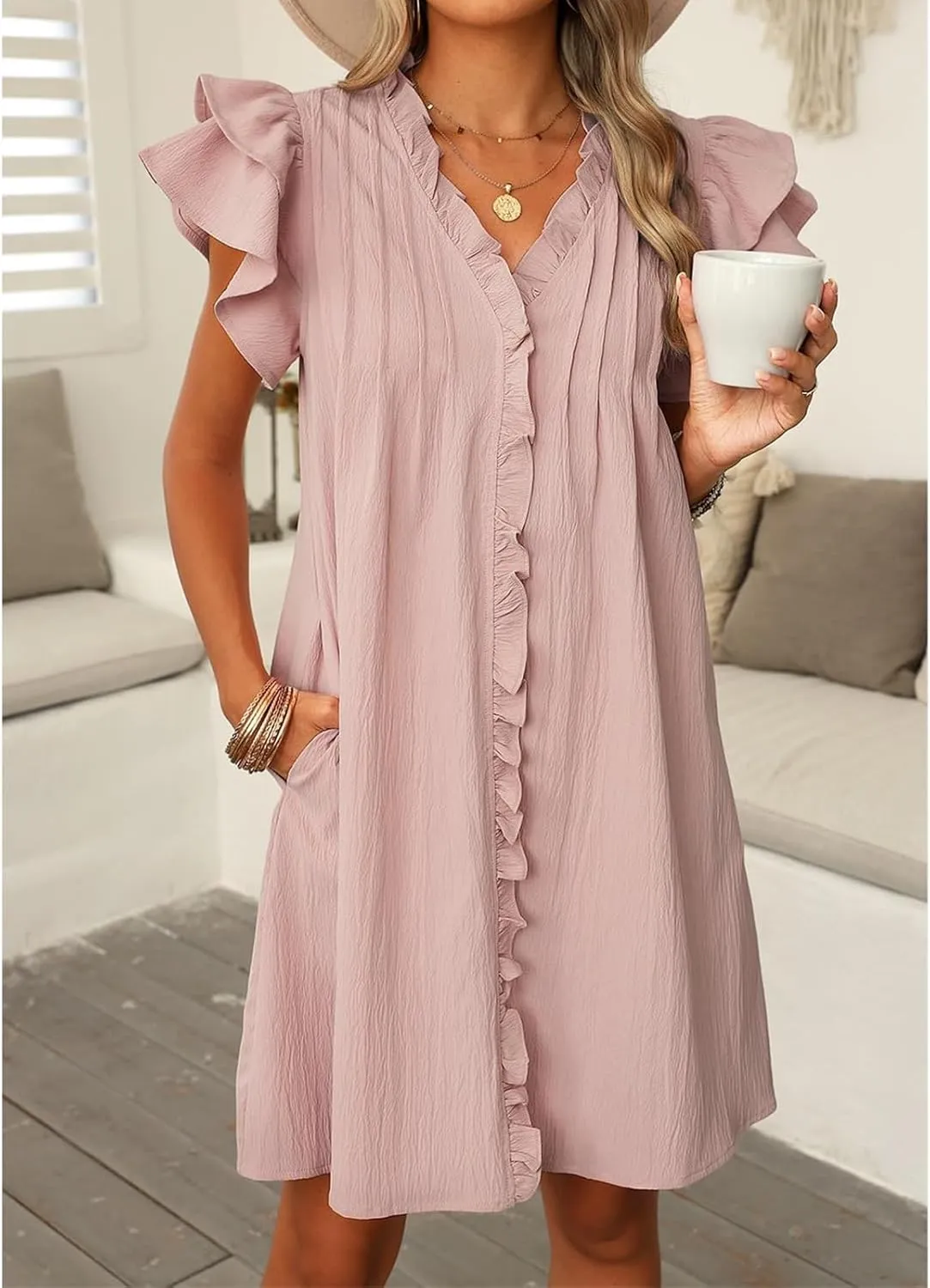 Summer Dresses for Women V Neck Ruffle Short Sleeve Casual Shift Dress Solid Color Straight Loose Fashion Dresses