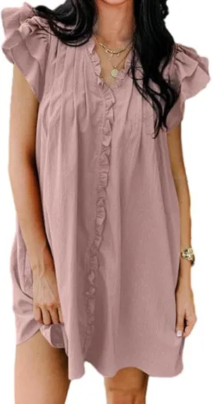 Summer Dresses for Women V Neck Ruffle Short Sleeve Casual Shift Dress Solid Color Straight Loose Fashion Dresses