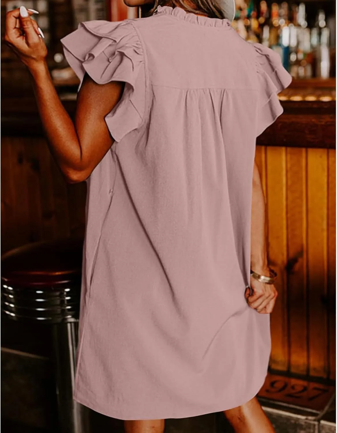 Summer Dresses for Women V Neck Ruffle Short Sleeve Casual Shift Dress Solid Color Straight Loose Fashion Dresses