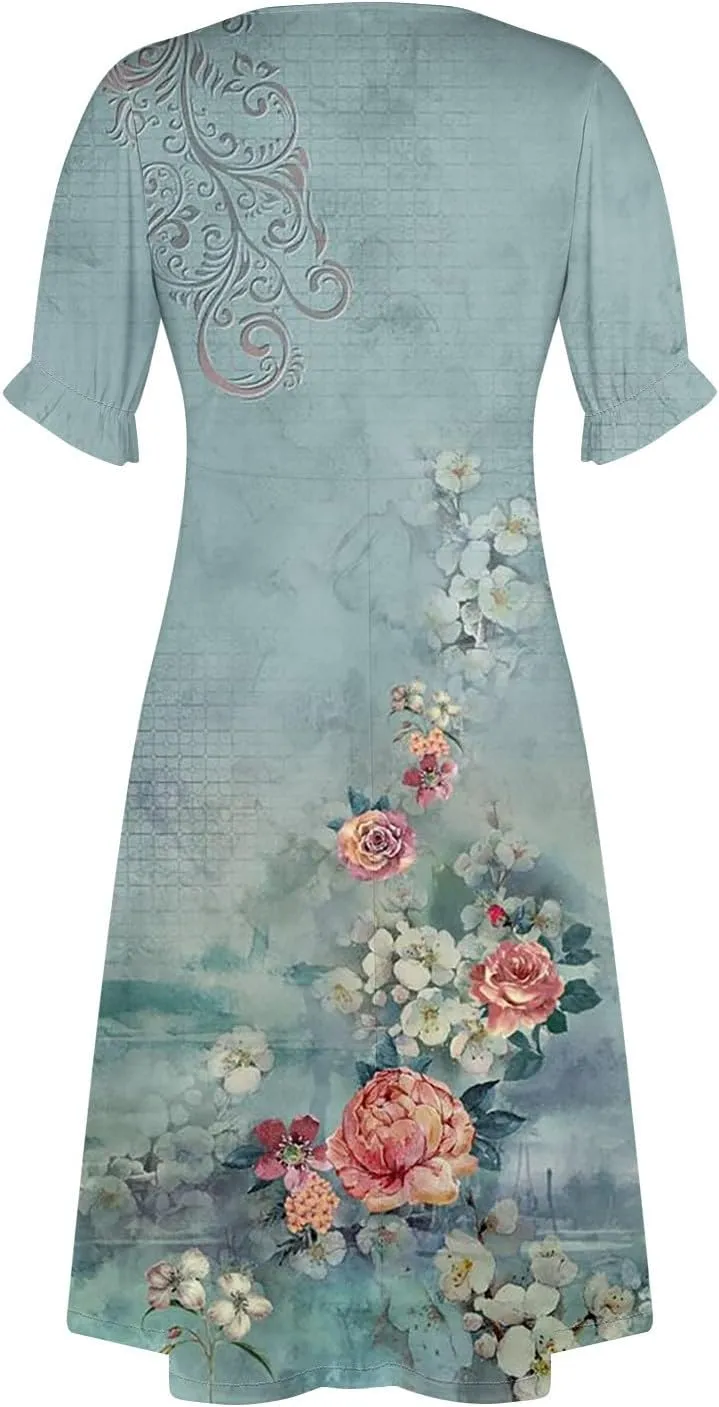 Summer Dresses for Women V Neck Wrap Midi Dress Casual Puff Sleeve Side Button Up Floral Beach Vacation Dresses