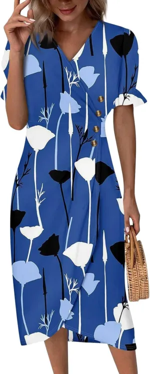 Summer Dresses for Women V Neck Wrap Midi Dress Casual Puff Sleeve Side Button Up Floral Beach Vacation Dresses