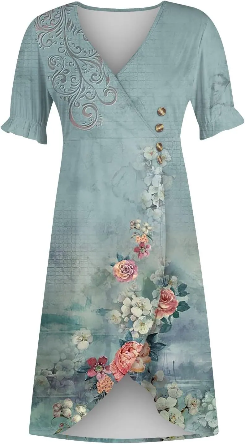 Summer Dresses for Women V Neck Wrap Midi Dress Casual Puff Sleeve Side Button Up Floral Beach Vacation Dresses