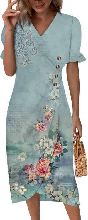 Summer Dresses for Women V Neck Wrap Midi Dress Casual Puff Sleeve Side Button Up Floral Beach Vacation Dresses