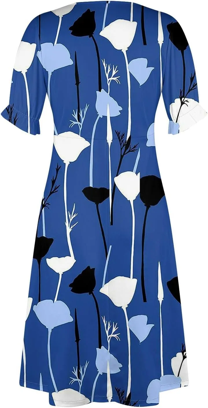 Summer Dresses for Women V Neck Wrap Midi Dress Casual Puff Sleeve Side Button Up Floral Beach Vacation Dresses