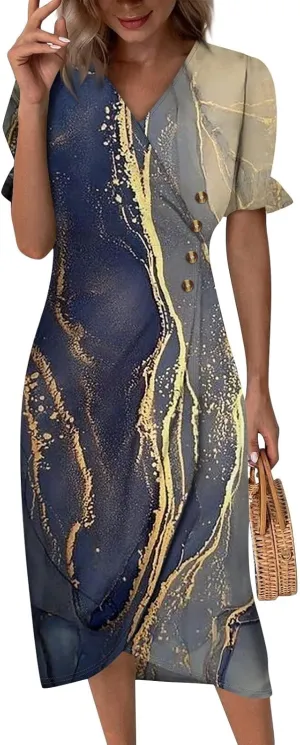 Summer Dresses for Women V Neck Wrap Midi Dress Casual Puff Sleeve Side Button Up Floral Beach Vacation Dresses
