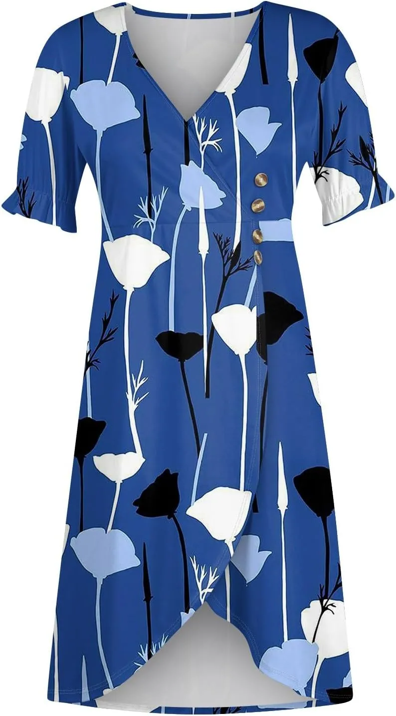 Summer Dresses for Women V Neck Wrap Midi Dress Casual Puff Sleeve Side Button Up Floral Beach Vacation Dresses