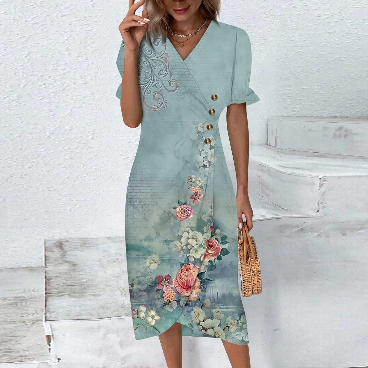 Summer Dresses for Women V Neck Wrap Midi Dress Casual Puff Sleeve Side Button Up Floral Beach Vacation Dresses