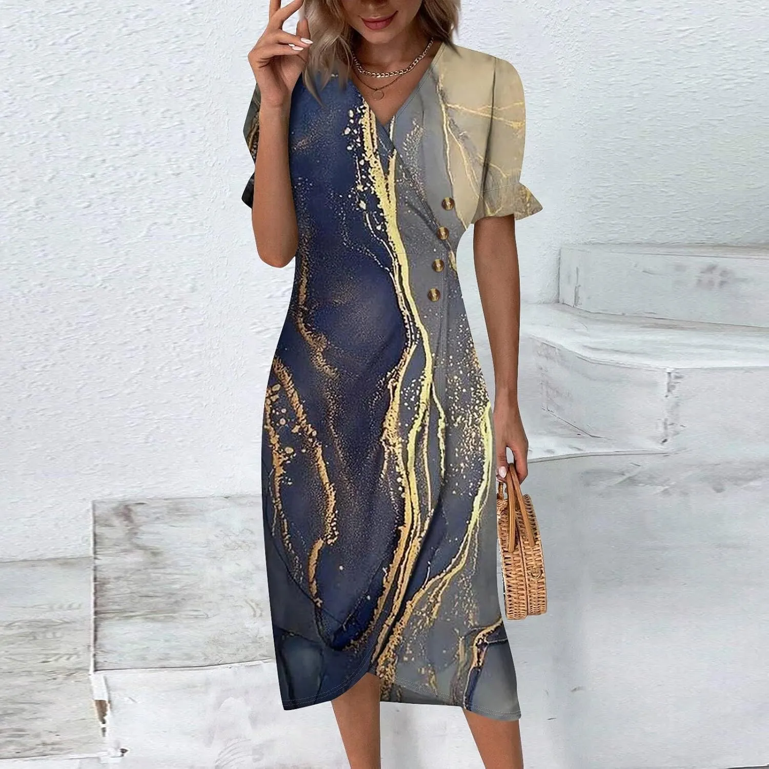 Summer Dresses for Women V Neck Wrap Midi Dress Casual Puff Sleeve Side Button Up Floral Beach Vacation Dresses