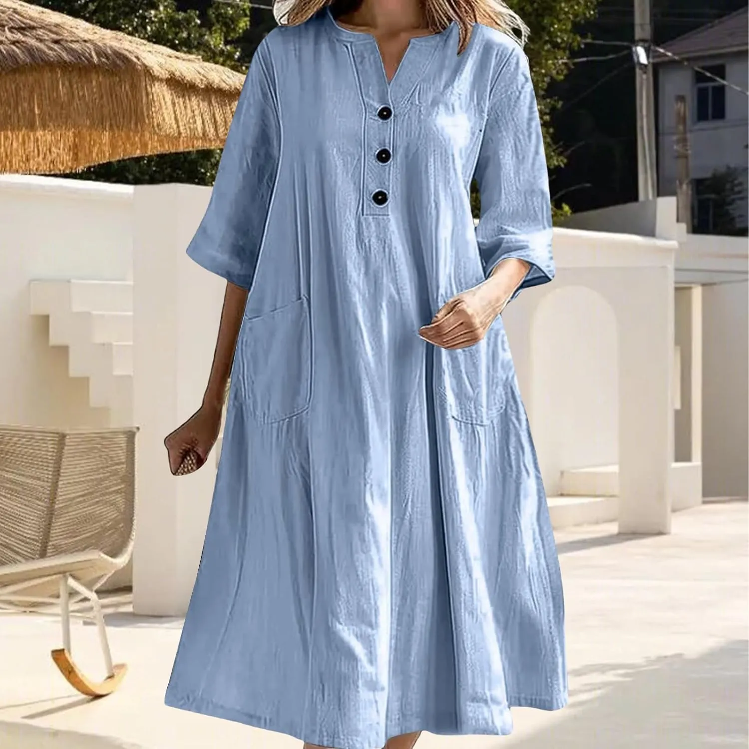 Summer Fashion Cotton Linen Shirt Dresses for Women Flowy Half Sleeve V Neck Button up Maxi Dress