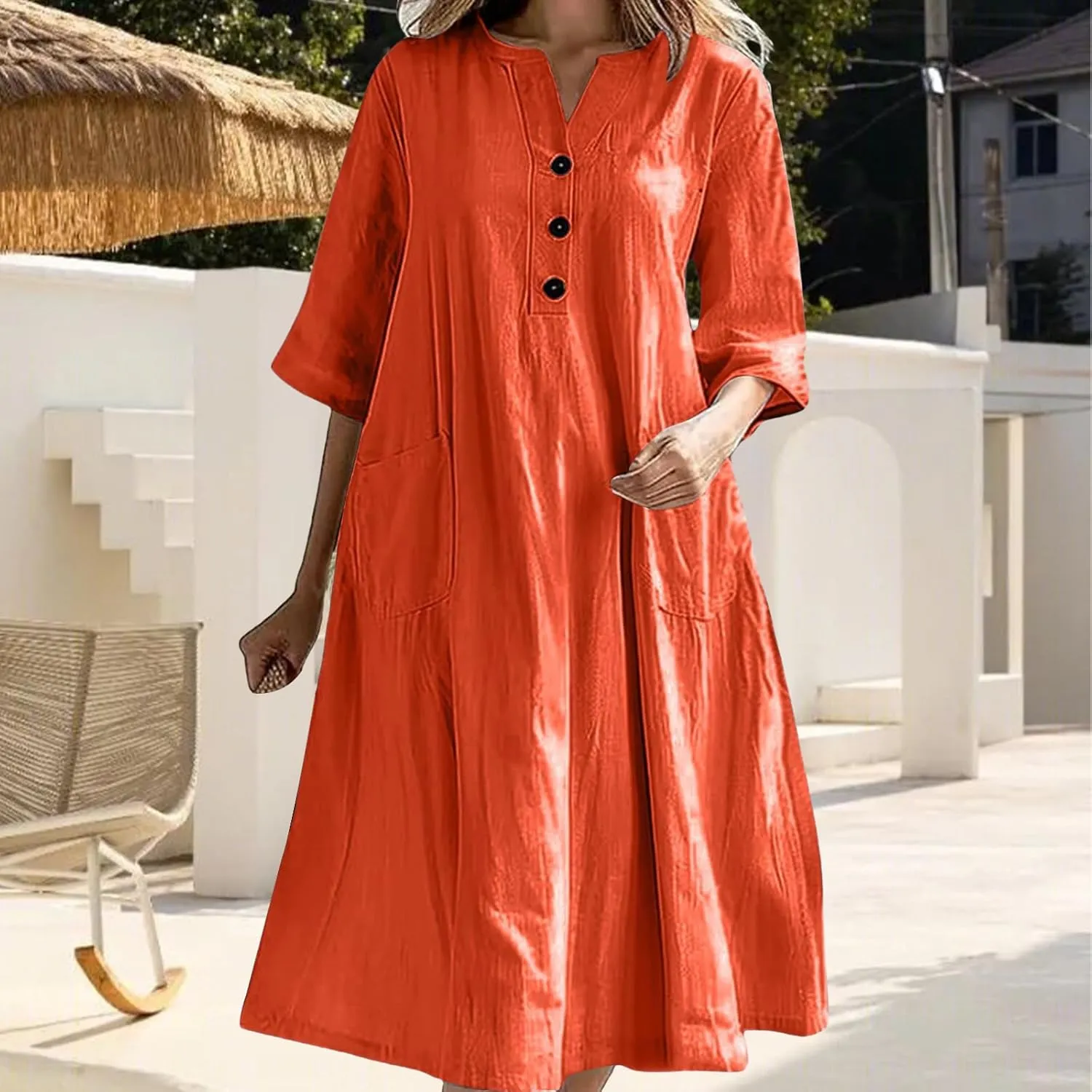 Summer Fashion Cotton Linen Shirt Dresses for Women Flowy Half Sleeve V Neck Button up Maxi Dress
