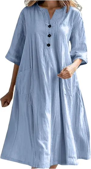 Summer Fashion Cotton Linen Shirt Dresses for Women Flowy Half Sleeve V Neck Button up Maxi Dress