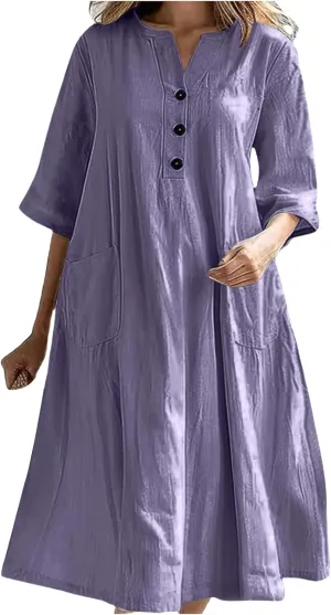 Summer Fashion Cotton Linen Shirt Dresses for Women Flowy Half Sleeve V Neck Button up Maxi Dress