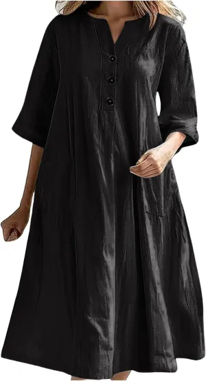 Summer Fashion Cotton Linen Shirt Dresses for Women Flowy Half Sleeve V Neck Button up Maxi Dress